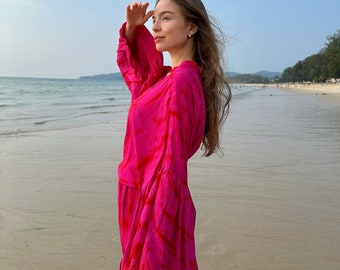 Pink Kimono Robe Tie Dye, Beach Outfits Gift for Her Boho Kimono Puffy Sleeve, Hot Pink Kimono Beach Coverup  Summer Outfits Holiday Resort