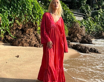 Maxi vestido de playa, maxi vestido rojo, trajes de playa, vestido para vacaciones Boho maxi vestido, vestido boho, maxi vestido tie dye, encubrimiento de playa