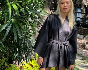 Black Linen kimono jacket, Black Linen short robe , Japanese Linen Short Kimono, Linen boho robe, Linen Coverup, gift for friend