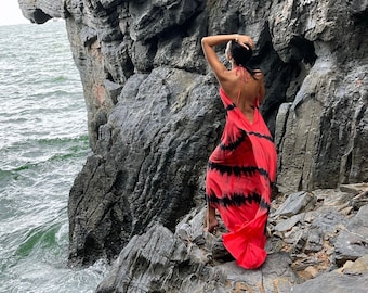 Tie dye maxi dress, boho maxi dress, Red Tie dye maxi Dress, Flamingo dress, Summer dress, Open back dress, tie dye beach dress
