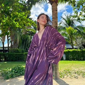 Long sleeves kaftan dress in purple, Tie die Boho Maxi dress, Resort wear Beach dress Holiday Dress V-Neck Dress Caftan dress Gift for her