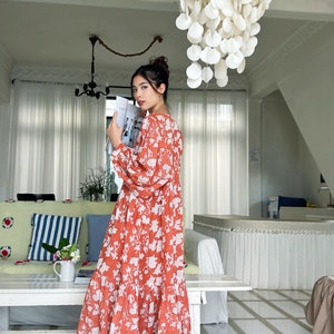 Bohemian Floral Maxi Dress, Cotton Boho Dress, Oversized Maxi Dress with sleeves, Vacation Dress, Block Printed Dress, Rust Dress Gift ideas image 6