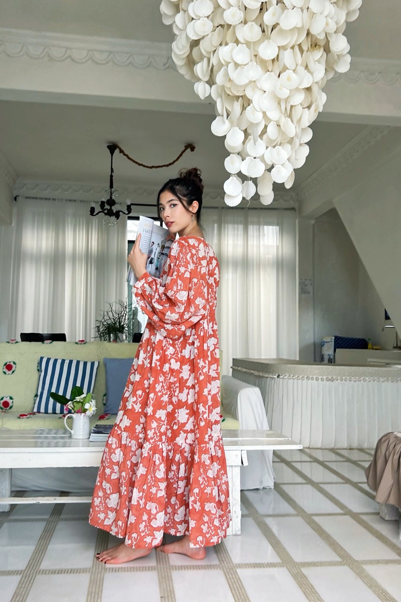Bohemian Floral Maxi Dress, Cotton Boho Dress, Oversized Maxi Dress with sleeves, Vacation Dress, Block Printed Dress, Rust Dress Gift ideas image 6