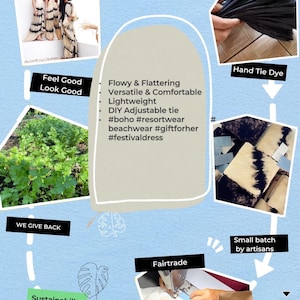 May include: A collage of images highlighting the ethical and sustainable practices of a clothing brand. The images show a group of women wearing flowy dresses, a hand tie-dye process, a sewing machine, and a plant. The text "Handcrafted to love" is featured at the top of the collage.