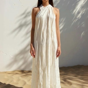 Off-White Natural Cotton Wrap Dress/Skirt – Convertible Halter Maxi for Beach Weddings, Festivals & Vacations | Crinkle Gauze, Handmade