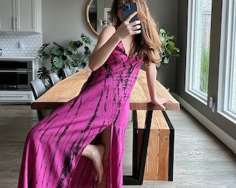 Vestido teñido anudado rosa, vestido sexy de verano, vestido lencero, vestido largo bohemio, vestido con espalda abierta, vestido de playa, vestido de luna de miel, vestido de vacaciones, ropa de resort