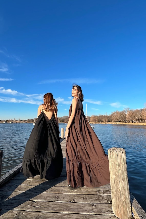 low back oversized maxi beach dress Hand Dyed Brown Dress, Backless Maxi Dress, Dress, Outfits, Resort Wear, Open Dress, Maxi Dress, Summer color:forest-pintuck-flare-pants-brown-rice Aussie model responds to Duration:8 days The flowing skirt and