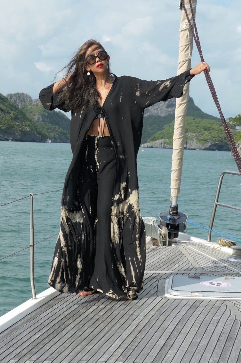 Tie dye kimono robe, Black long kimono robe, long sleeves kimono, boho kimono robe, kimono dress, beach coverup, black kimono , long kimono image 9