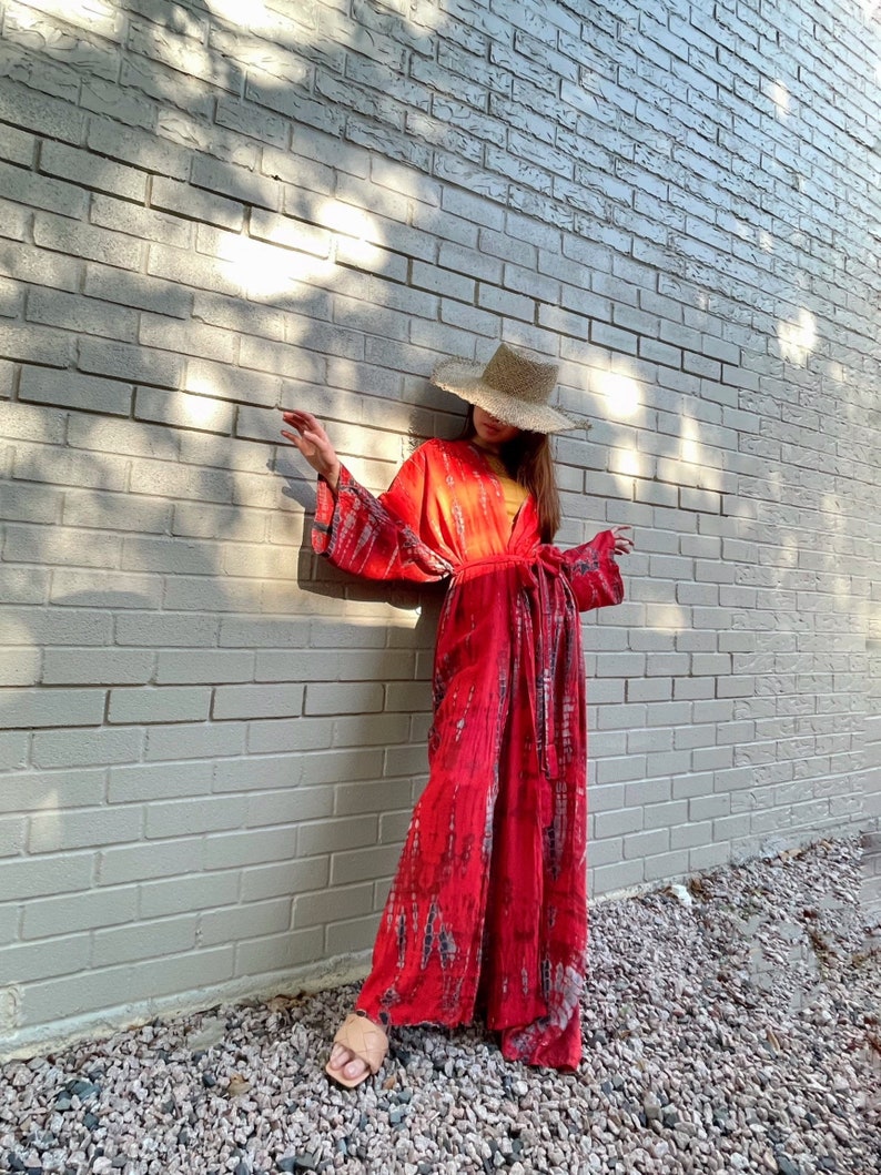 Hand Tie-dye Kimono, Red kimono robe, long kimono robe,boho Kimono robe, kimono robe, bridesmaid gift, gift for best friend, gift for sister image 7