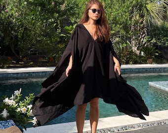Black Mini Kaftan Dress, Beach Cover Up, Oversized Resort Top, Short Kaftan