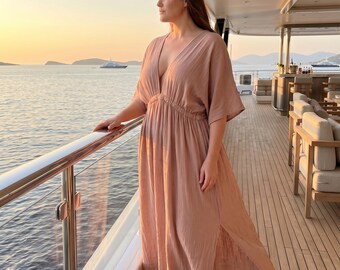 Soft Nude Goddess Kaftan Dress, Oversized Plus Size Beach Cover Up, Resort Cruise Dress