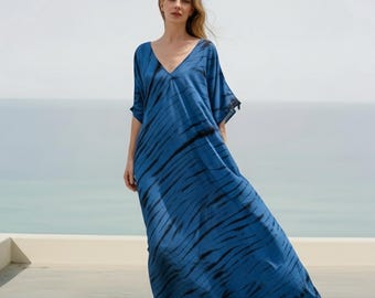 Blue Tie dye V Neck Kaftan Boho Oversized Kaftan Cut Cold Shoulder Dress Beach Dress Summer outfi Vacation outfit Resort Dress Gift for her
