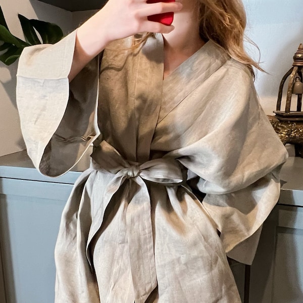 Beige Linen kimono jacket, Linen kimono wrap robe , Japanese Linen Short Kimono, Linen boho robe, Linen Coverup, gift for her