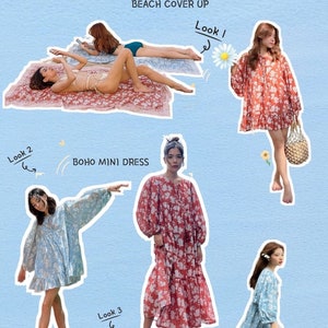 Light Blue Floral Hand Block Printed Cotton Short Dress – Puff Sleeve Boho Summer Dress