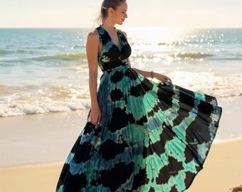 Blue Infinity Maxi Dress – Tie-Dye Bohemian Halter | Open-Back Vacation Dress | Resort wear | Honeymoon Dress