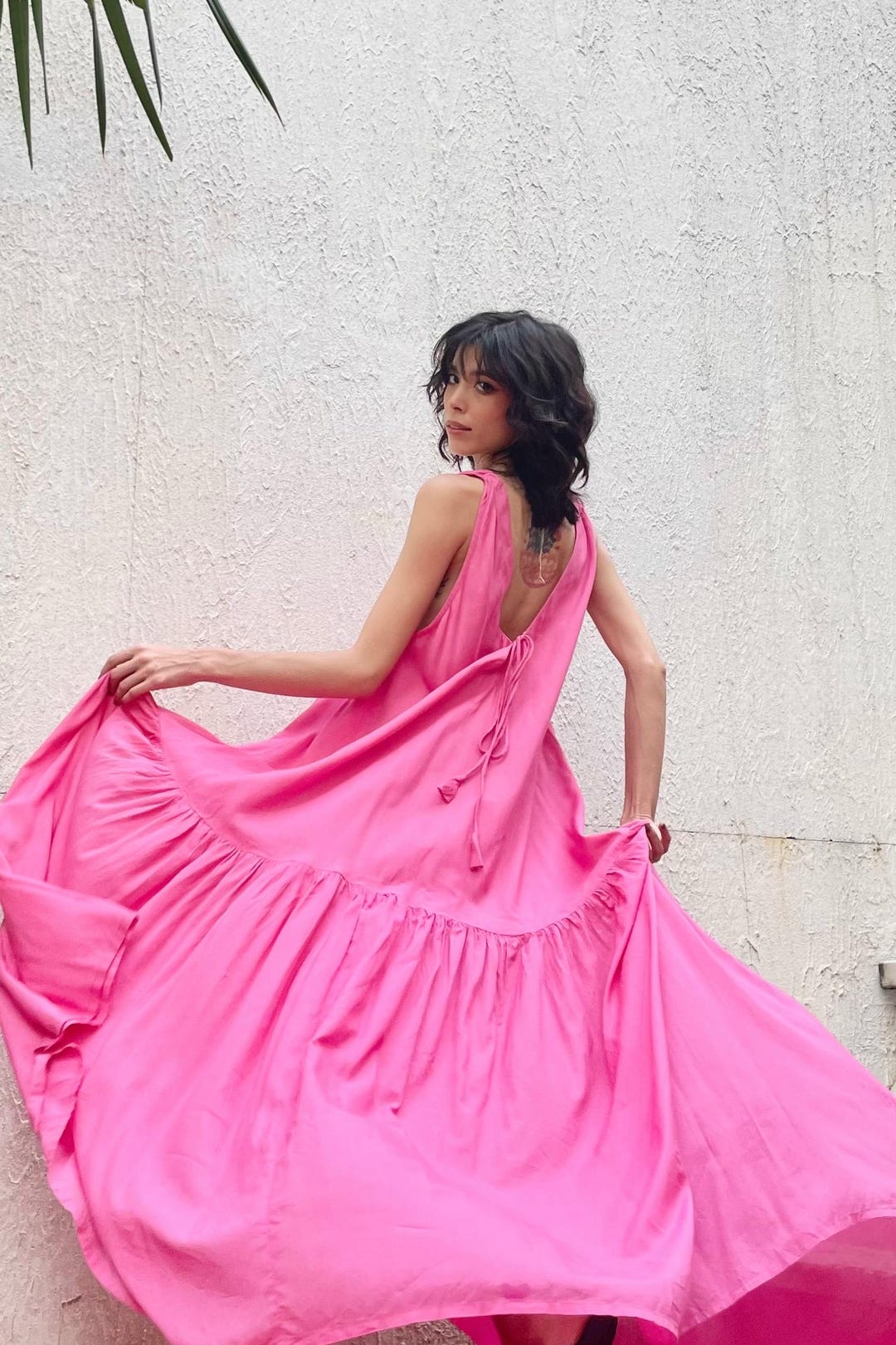 Satin Prom Pink Maxi Dress Hot Pink Silky Dress Hand Dyed Pink Maxi Dress,  Bohemian Oversized