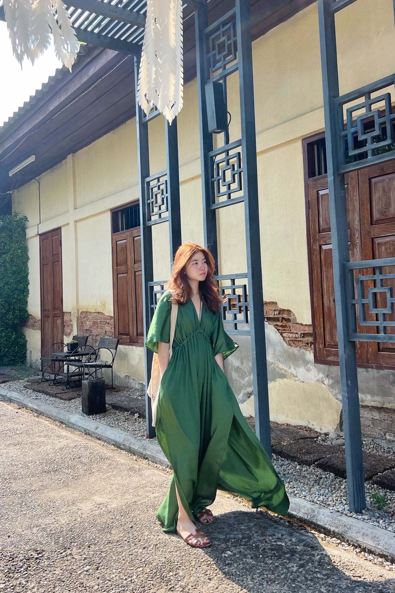 green emerald velvet dress Silk Kaftan Itajime Iced and Green