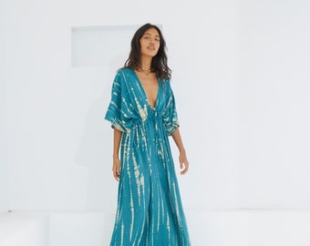 Hand tie dye dress, goddess dress teal , Long kaftan, Oversized Caftan, Resort wear, Coverup, Maxi kaftan, Tie dye dress, loungewear