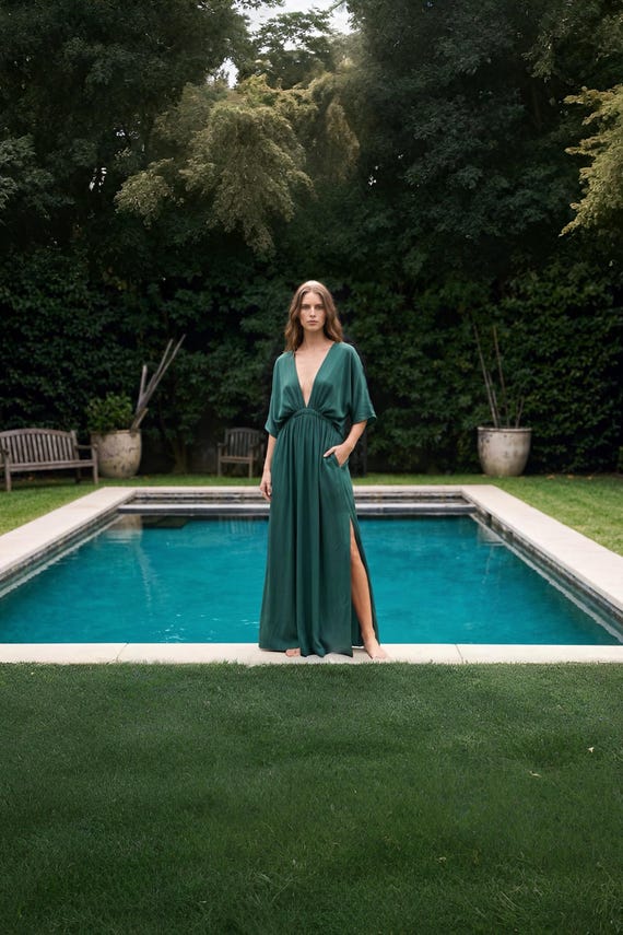 dark green kaftan dress Dark Green Organic II One Shoulder Kaftan Dress M/L