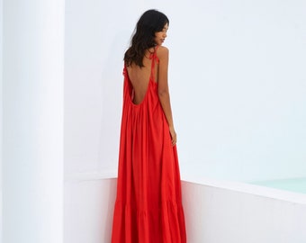 Hand dye maxi dress, red maxi dress, backless maxi dress, oversized dress,tie shoulder maxi dress, Open Back Dress, maxi dress, summer dress