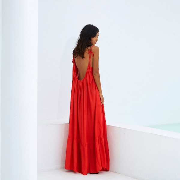 Hand dye maxi dress, red maxi dress, backless maxi dress, oversized dress,tie shoulder maxi dress, Open Back Dress, maxi dress, summer dress