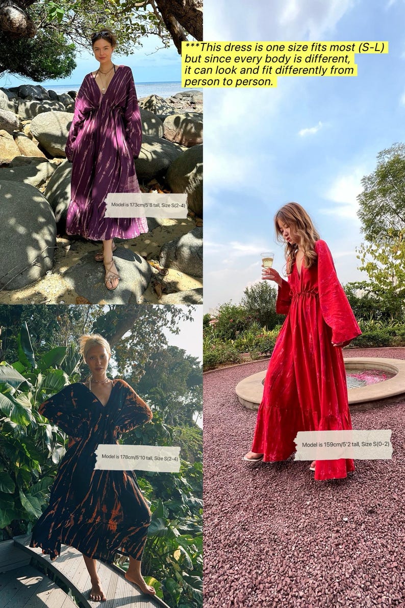 A red maxi kaftan dress with a V-neckline and long sleeves. The dress has a cinched waist and a flowing skirt.