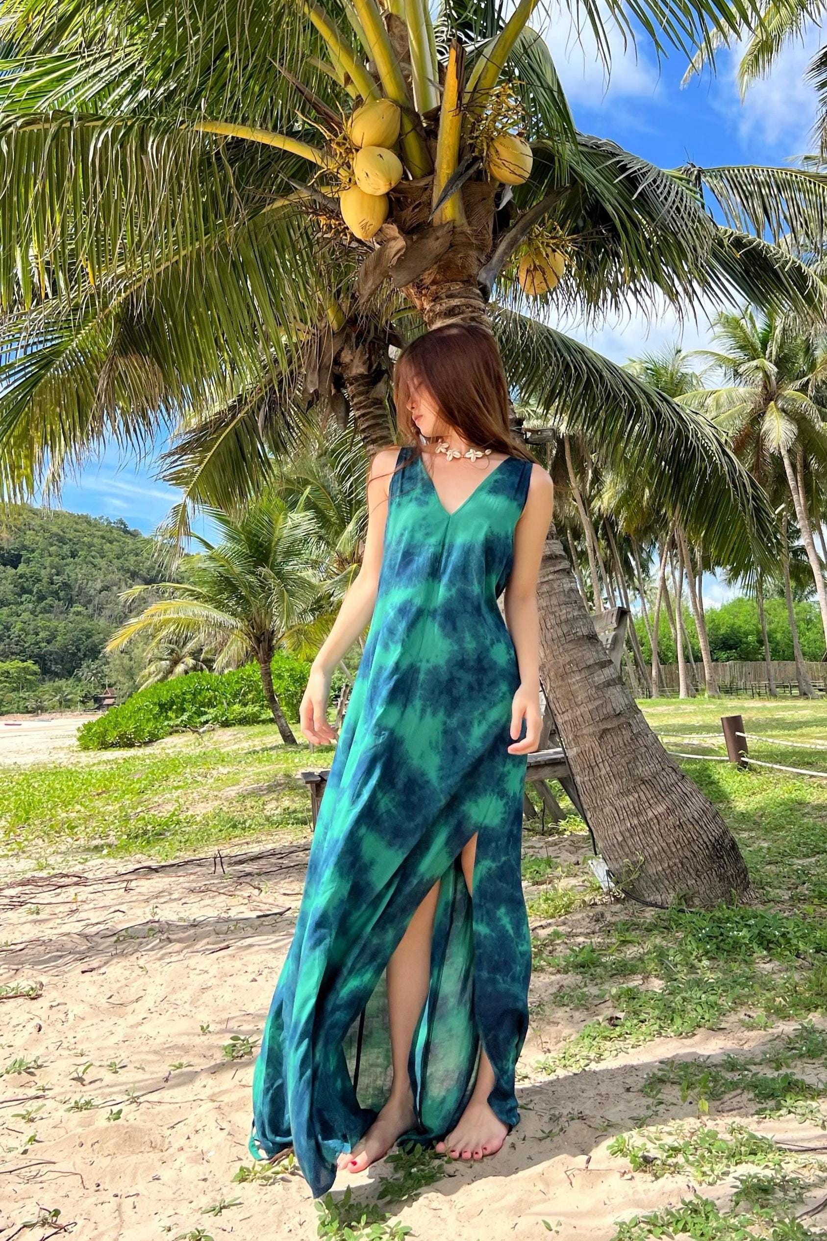 Green Tie Dye Goddess Maxi Dress, Boho Oversized Maxi Dress Beach Long Dress Vacation Outfit Resort Wear Summer Holiday Dress Gift for Her