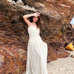 Natural Cotton Smocked Maxi Dress, Bohemian White Cotton Maxi Dress Beach Dress for Honeymoon Pre-Wedding Dress Concert Vacation Outfits