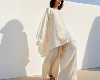 Off White Wide Leg Beach Pants, Boho Resort Pants, Elastic  Waist Pants, Flowy Vacation Palazzo, Swim Cover Up Bottoms, Summer Pants
