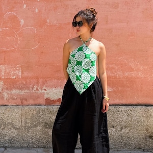 Green Batik Handkerchief Halter Crop Top – Tropical Flower Boho Festival Top, Handmade Beach Halter, Sustainable Yoga Top, Gift for Her