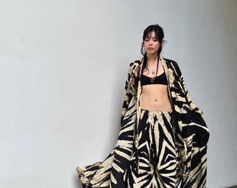 Black Seashell Tie Dye Kimono Robe or Pants, Beach Cover Up, Vacation Resort Wear Set, Boho Lounge Outfit, Gift for Best Friend or Sister