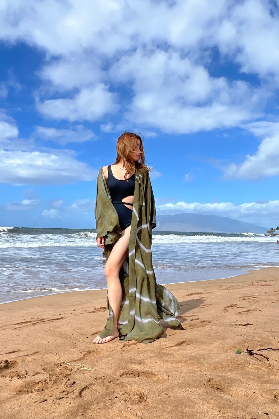 Boho Palm Tree Stamped Organic Cotton Kimono Robe - Handcrafted Beach Coverup