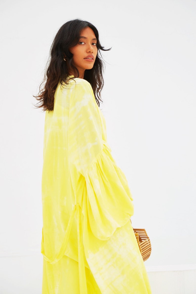 Tie dye kimono robe, Hand tie dye Kimono, kimono puffy sleeve dress, yellow duster, robe for vacation, yellow kimono robe, gift for her image 3