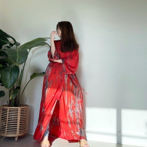 Hand Tie-dye Kimono, Red kimono robe, long kimono robe,boho Kimono robe, kimono robe, bridesmaid gift, gift for best friend, gift for sister image 8