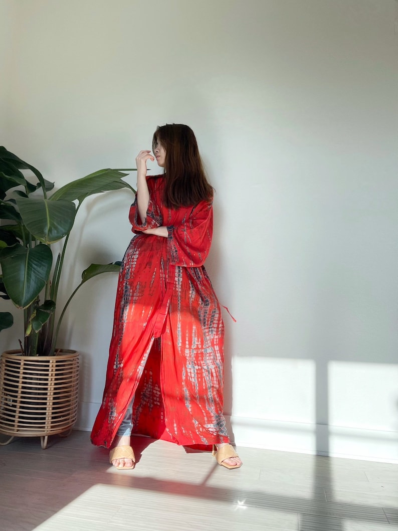 Hand Tie-dye Kimono, Red kimono robe, long kimono robe,boho Kimono robe, kimono robe, bridesmaid gift, gift for best friend, gift for sister image 8