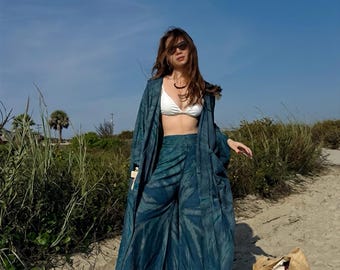 Teal Seashell Tie Dye Kimono Robe or Pants, Beach Cover Up, Vacation Resort Wear Set, Boho Lounge Outfit, Gift for Best Friend or Sister