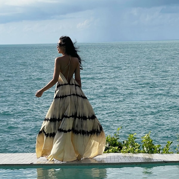 Vestido maxi teñido anudado, vestido maxi boho, vestido maxi teñido anudado, vestido de flamenco, vestido de verano, vestido de espalda abierta, vestido de playa teñido anudado