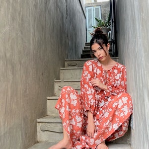 Bohemian Floral Maxi Dress, Cotton Boho Dress, Oversized Maxi Dress with sleeves, Vacation Dress, Block Printed Dress, Rust Dress Gift ideas image 5