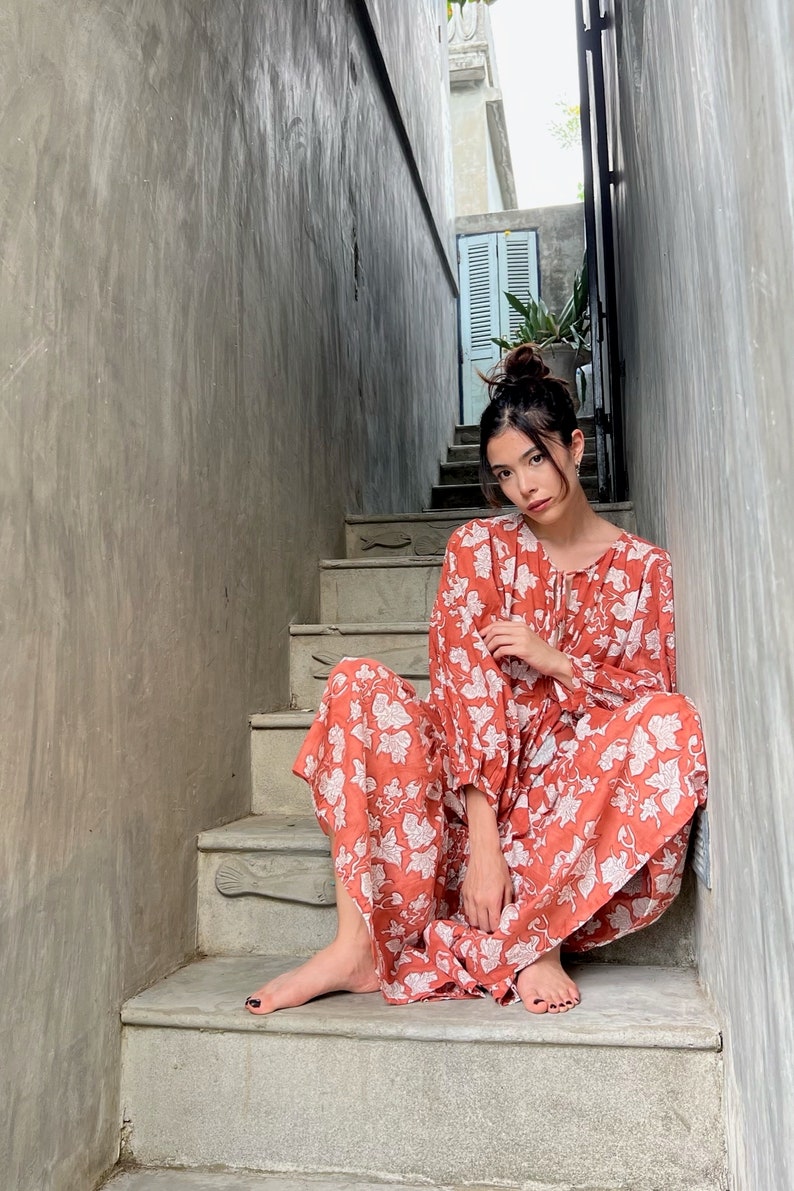 Bohemian Floral Maxi Dress, Cotton Boho Dress, Oversized Maxi Dress with sleeves, Vacation Dress, Block Printed Dress, Rust Dress Gift ideas image 5