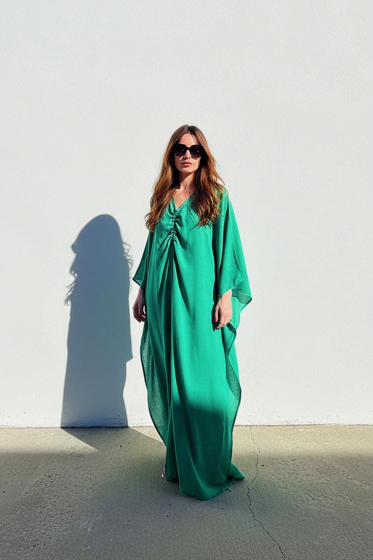 slim fit dress slacks Maeli Floral Sequin Embroidery Kaftan in Sage Green main image 0