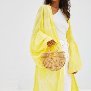 Tie dye kimono robe, Hand tie dye Kimono, kimono puffy sleeve dress, yellow duster, robe for vacation, yellow kimono robe, gift for her image 2