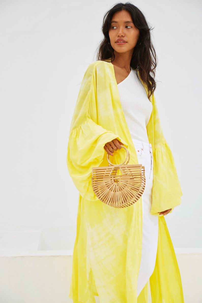 Tie dye kimono robe, Hand tie dye Kimono, kimono puffy sleeve dress, yellow duster, robe for vacation, yellow kimono robe, gift for her image 2