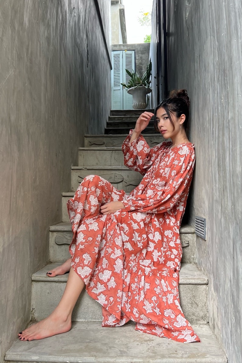 Shop Bohemian Floral Maxi Dress, Cotton Boho Dress, Oversized Maxi Dress with sleeves, Boho Dress Dress for Vacation, Block Printed Dress, Rust Dress Gift ideas ?