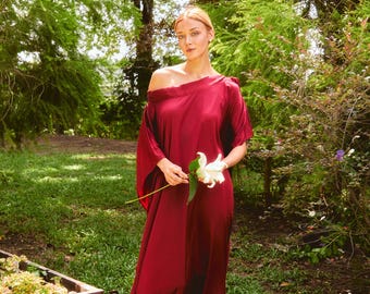 Holiday Satin Kaftan Dress, Burgundy Off Shoulder Boho Maxi, Long Caftan Gown, Wedding Guest Dress, One Size Resort Dress, Gift for Her
