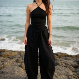 Black Linen Wide Leg Pants Boho | Unisex Baggy Linen Pants with Pockets | Festival Vacation Outfit | Handmade Gift for Her or Him