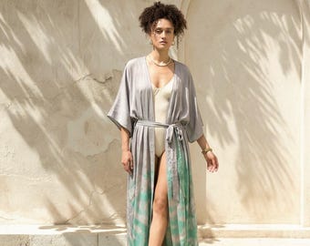 Teal Tie Dye Kimono Robe, Beach Cover Up Kimono, Oversized Kaftan Robe, Boho Long Kimono, Lightweight Vacation Wear