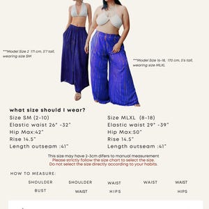 May include: A size chart for women's pants with a blue and white tie-dye pattern. The chart shows the measurements for the waist, hips, and length of the pants in inches. The chart also includes a diagram of how to measure the waist, hips, and length of the pants.
