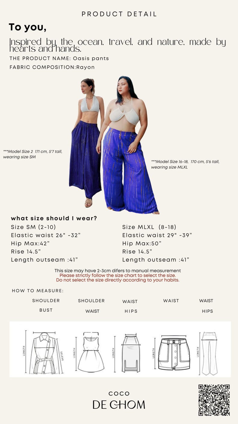 May include: A size chart for women's pants with a blue and white tie-dye pattern. The chart shows the measurements for the waist, hips, and length of the pants in inches. The chart also includes a diagram of how to measure the waist, hips, and length of the pants.