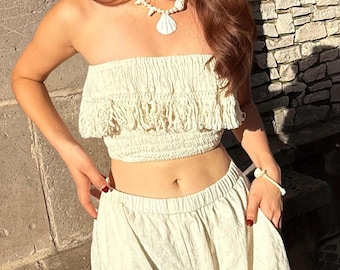 White Lace Fringe Tube Top – Organic Cotton Boho Bandeau, Beach Crop Top, Festival Bra, Summer Resort Outfit, Handmade Bohemian Top
