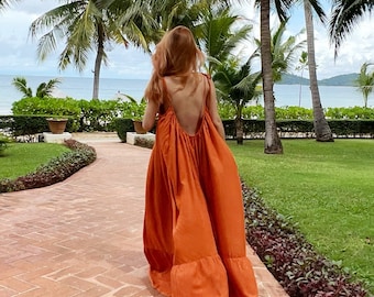 Burnt Orange maxi dress, Maxi dress, backless maxi dress, oversize dress, tie shoulder maxi dress, summer dress, beach dress